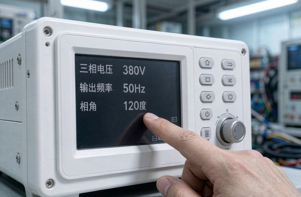 交流变频电源液晶屏上设定三相电压380V与输出频率50Hz