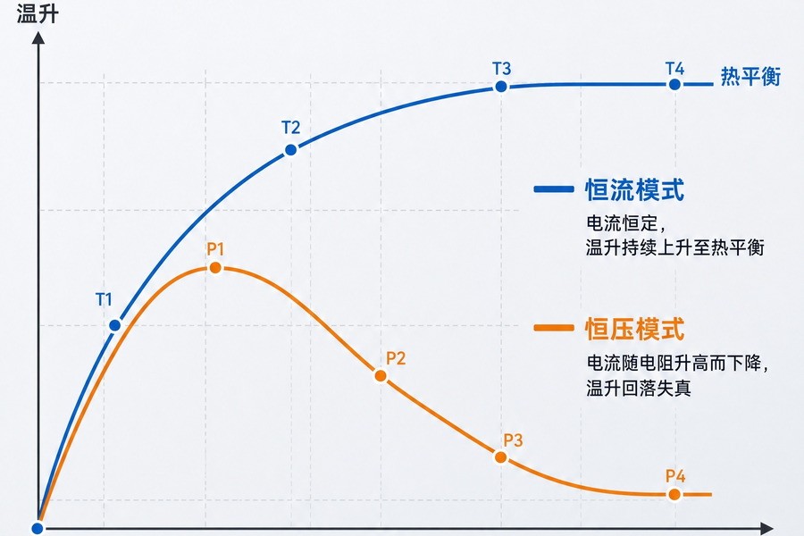 恒压供电与恒流供电下线缆温升曲线对比图