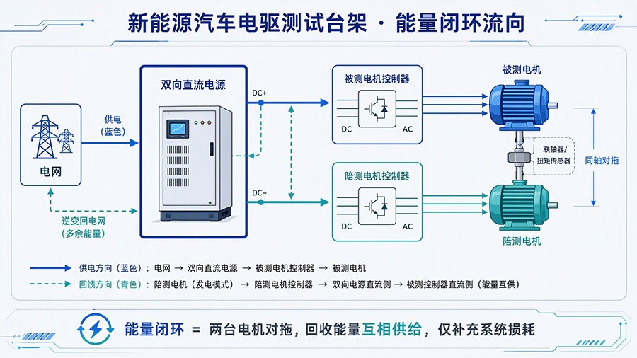新能源汽车电驱测试台架能量闭环流向示意图