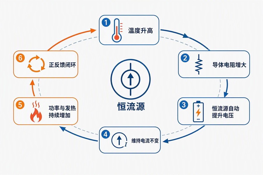 导体电阻随温度升高与恒流源闭环补偿逻辑示意图