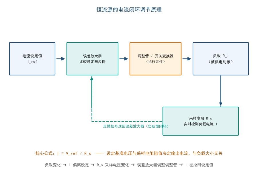 恒流源电流闭环调节原理框图:设定、误差放大、调整、采样四个环节