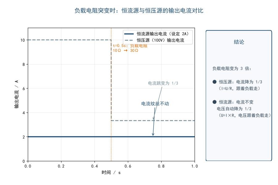 负载电阻突变时恒流源与恒压源输出电流对比曲线