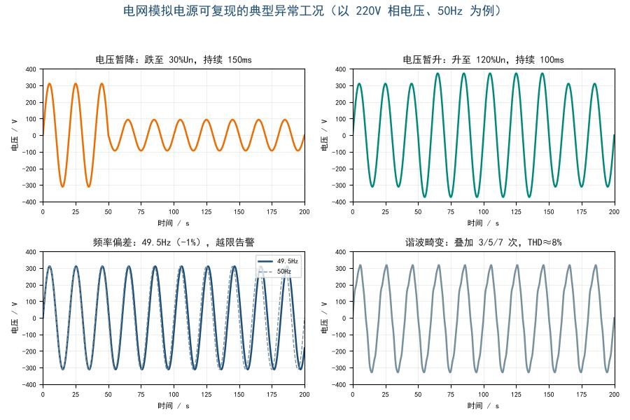 电网模拟电源可复现的电压暂降、电压暂升、频率偏差与谐波畸变波形
